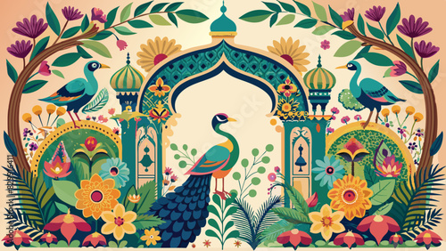 Indian Arches Wedding Invitation Border , Regal Peacock Border Vector for Wedding Invitations