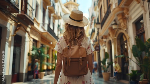 Young woman tourist wearing hat and backpack walking down the street in city center of Malaga, Spain on summer vacation. Travel concept. © horizon