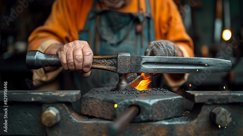 A blacksmith's hands shaping a sword, using a hammer to forge the metal on an anvil. Minimal and Simple style