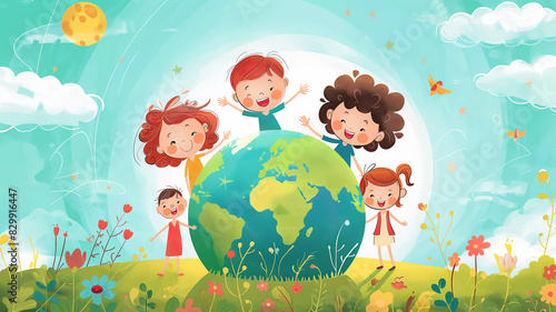 Illustration Of Kids Playing Around The World. Earth Day Concept.
