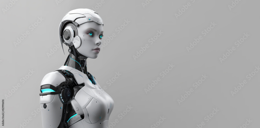 A highly detailed image of a female-looking robot with a modern and sophisticated design, featuring a metallic body and blue eyes A highly detailed image of a female-looking robot with a modern and sophisticated design, featuring a metallic body and blue eyes