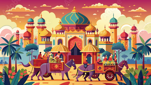 Mughal Royal Procession Vector : Elephants, Camels, and Carriages in a Vibrant Landscape
