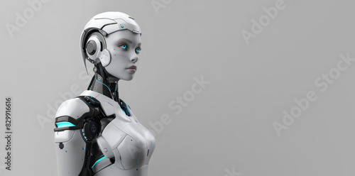 A highly detailed image of a female-looking robot with a modern and sophisticated design  featuring a metallic body and blue eyes