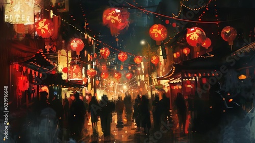 chinese new year celebration in chinatown with dragon and red lanterns digital painting photo