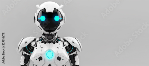 A futuristic white robot with glowing blue eyes and a chest light, set against a grey backdrop