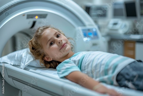 A child lies in a CT scanner for an examination. Patient lying on the CT scanner bed waiting for a scan © Александр Лобач