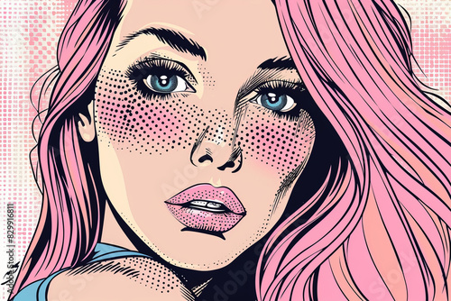 Beautiful woman with pink hair in comic book style illustration photo