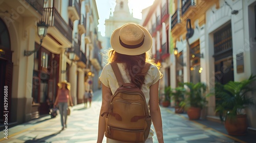 Young woman tourist wearing hat and backpack walking down the street in city center of Malaga, Spain on summer vacation. Travel concept.