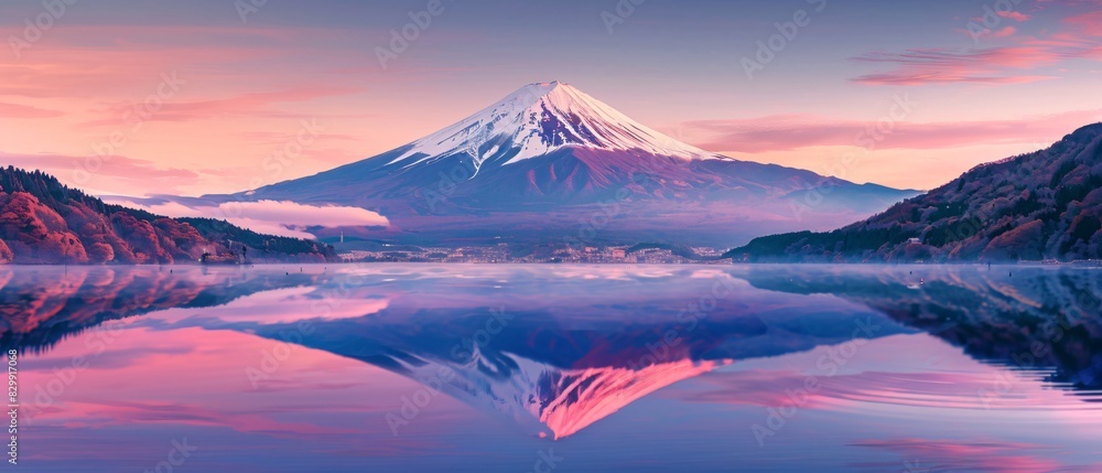 Mount Fuji at sunrise. Majestic peak rises above tranquil landscape, snow-capped summit glowing pink in early light. Peaceful lake reflects mountain's image, enhancing serenity, harmony.