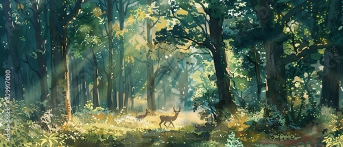 Traditional Japanese forest in vibrant watercolor hues. Sunlight filters through dense canopy, casting dappled shadows on forest floor. Family of deer grazes peacefully, adding to tranquil beauty.