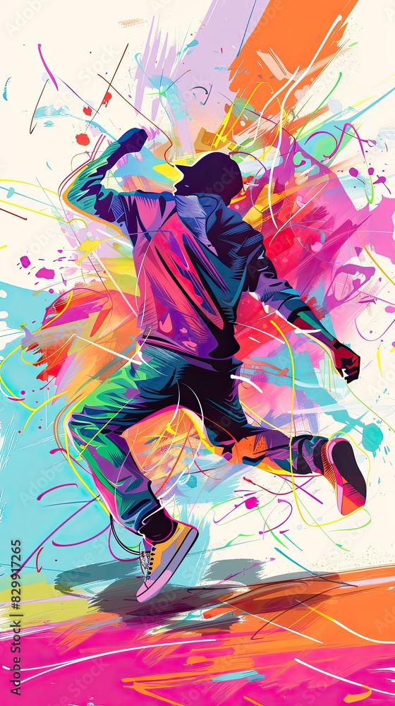 Illustrate the energy of hip-hop dance through a rear view perspective, emphasizing dynamic forms with a pop of vibrant colors