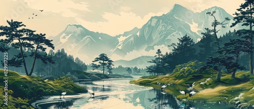 Serene Japanese landscape in ukiyo-e style. Winding river flows through verdant valley, framed by rugged mountains, ancient pine trees. Cranes wade in shallows, elegant forms reflected in still water. photo
