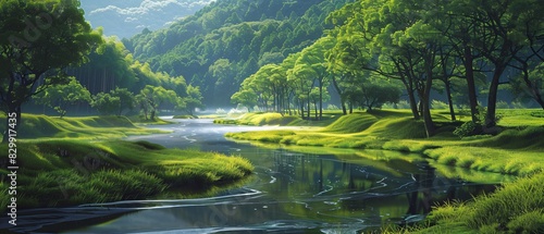 Tranquil Japanese Countryside: Meandering river with lush green trees lining the banks, reflections shimmering in calm water. Captures the timeless beauty of rural Japan.