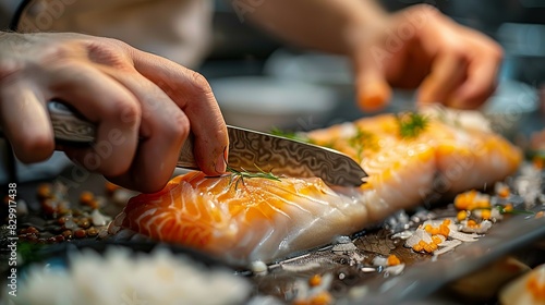 A chef's hands filleting a fish, using a sharp knife to remove the bones and skin. Minimal and Simple style photo