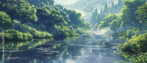 Tranquil Japanese Countryside  Meandering river with lush green trees lining the banks  reflections shimmering in calm water. Captures the timeless beauty of rural Japan.