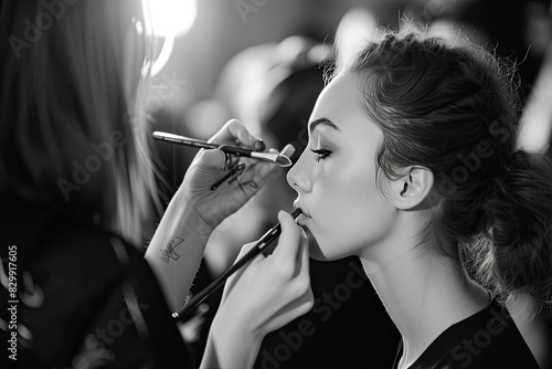 A backstage scene at a fashion show, makeup artists working their magic with precision and speed