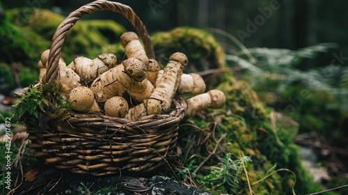 A basket of wild matsutake mushrooms on a mossy rock. Generative Ai