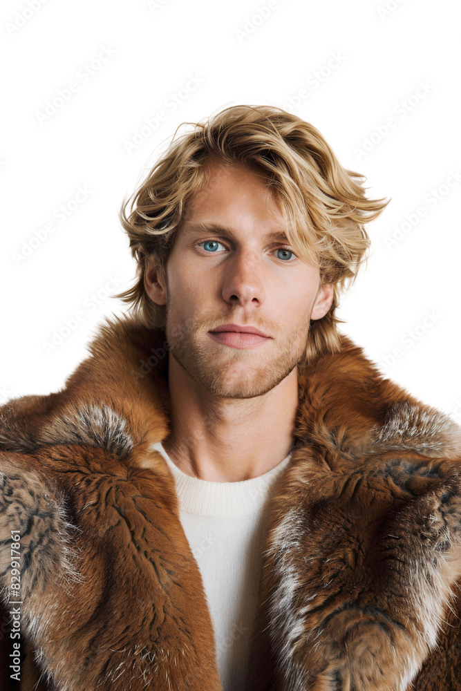 Close-up portrait of a young handsome man wearing fashionable fur jacket, isolated on transparent background Close-up portrait of a young handsome man wearing fashionable fur jacket, isolated on transparent background