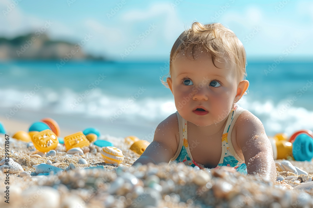 Baby enjoying a summer day at the beach, surrounded by colorful beach toys Baby enjoying a summer day at the beach, surrounded by colorful beach toys