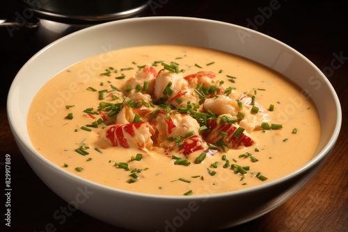 a bowl of soup with shrimp and vegetables, A bowl of creamy lobster bisque