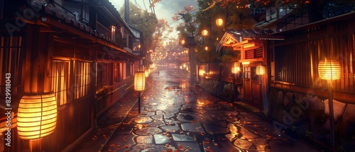 Evening in Kyoto: the enchanting atmosphere of Kyoto at night. Paper lanterns cast a warm glow along traditional Japanese streets, illuminating historic wooden buildings and stone pathways.