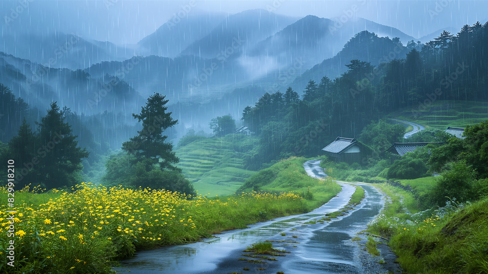美しい雨の風景｜日本の里山 Stock Photo | Adobe Stock