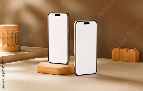 Two phone screens mockup for ui ux app concept design. Application interface and web design presentation concept in realistic 3D rendering