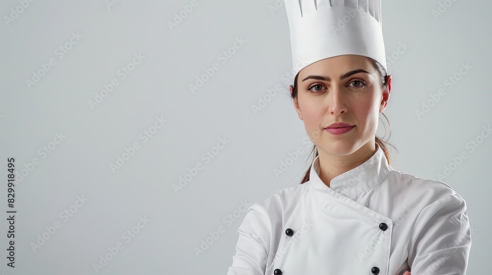 elegant female chef in pristine uniform against white backdrop exuding culinary mastery sleek photo elegant female chef in pristine uniform against white backdrop exuding culinary mastery sleek photo