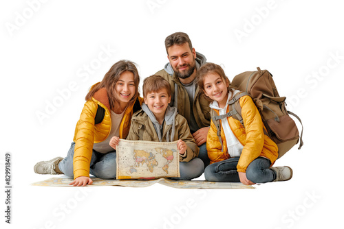 A family of four is sitting on the ground with a map in front of them. They are all smiling and seem to be enjoying their time together. on transparent background. Gerenative ai illustration. photo