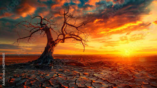 Lonely dead tree under dramatic sunset sky at drought cracked desert landscape.