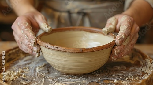 A potter's hands trimming a ceramic bowl, removing excess clay to perfect the shape. Minimal and Simple style photo