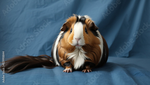 A brown, white, and black guinea pig is sitting on a blue cloth. photo