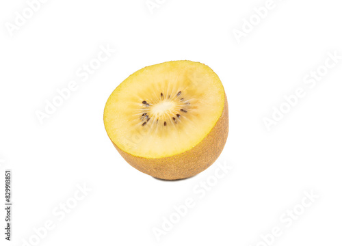 Juicy half of gold kiwi fruit isolated on white background