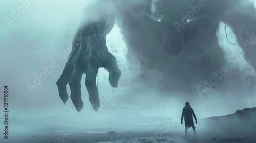 The giant alien monster, hidden in the mist, reaches out a giant hand to engulf the figure in front of it photo