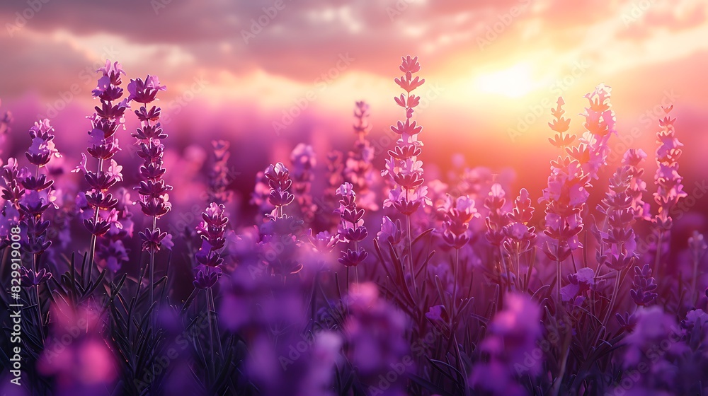 Naklejka premium Serene watercolor wash of a lavender field at sunrise, gentle strokes, gradient purples blending with soft yellows, dreamy and serene, delicate lavender flowers, light and airy, peaceful ambiance.
