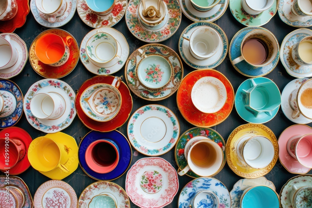 a table with a bunch of different colored cups, A collection of mismatched teacups and saucers arranged in a colorful display a table with a bunch of different colored cups, A collection of mismatched teacups and saucers arranged in a colorful display