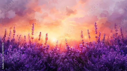 Serene watercolor wash of a lavender field at sunrise, gentle strokes, gradient purples blending with soft yellows, dreamy and serene, delicate lavender flowers, light and airy, peaceful ambiance. © LuvTK