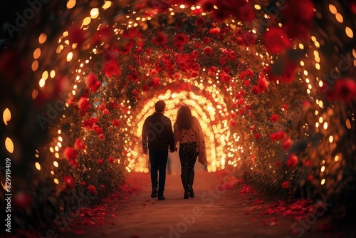 a couple walking through a tunnel of lights  A candid shot of a couple walking hand in hand