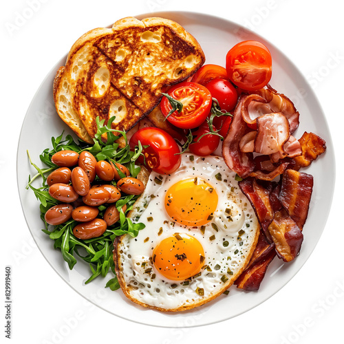 Traditional full English breakfast with fried eggs, sausages, beans, grilled tomatoes, meat and toast on a plate. Isolated on transparent background photo