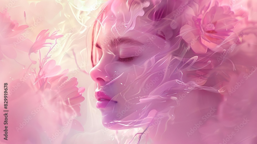 ethereal female portrait bathed in soft pink light evoking serenity and grace digital painting