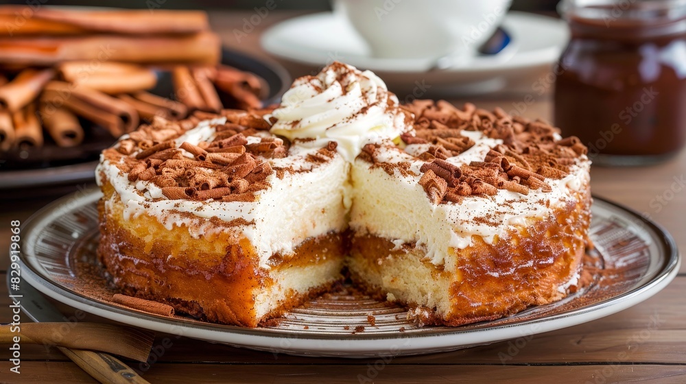 Delicious creamy cake with whipped topping and shaved chocolate on a plate, perfect for desserts and special occasions. Delicious creamy cake with whipped topping and shaved chocolate on a plate, perfect for desserts and special occasions.