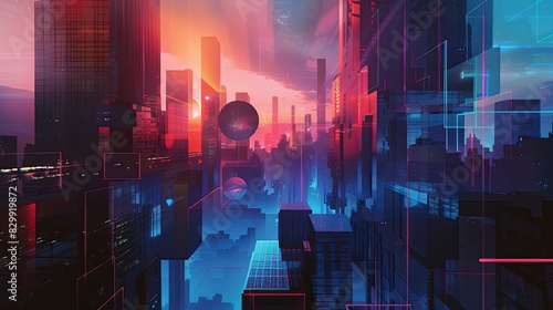 Infuse an ordinary cityscape with surreal elements like floating geometric shapes and ethereal shadows