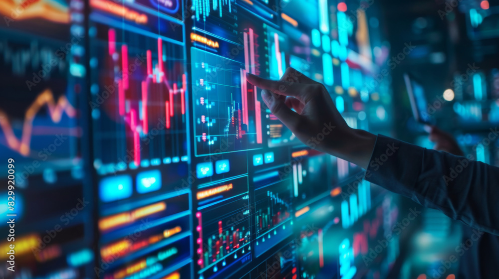 Close-up of a hand interacting with financial data charts on a large digital screen, displaying various market analytics. Person Analyzing Interactive Financial Data Charts
Close-up of a hand interacting with financial data charts on a large digital screen, displaying various market analytics. Person Analyzing Interactive Financial Data Charts