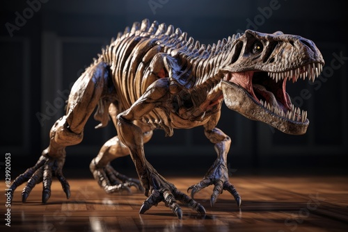 a dinosaur with its mouth open walking in the desert  Dinosaur skeleton in 3D detail