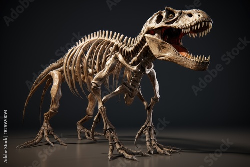 a dinosaur with its mouth open walking in the desert  Dinosaur skeleton in 3D detail