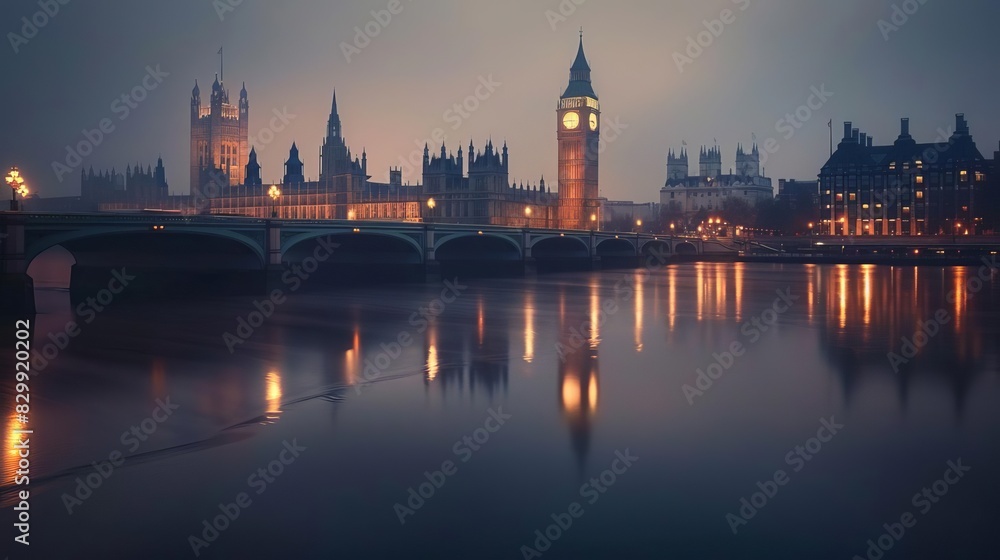 Fototapeta premium majestic gothic revival architecture of the palace of westminster at dusk iconic london landmark reflected in the river thames atmospheric cityscape photography