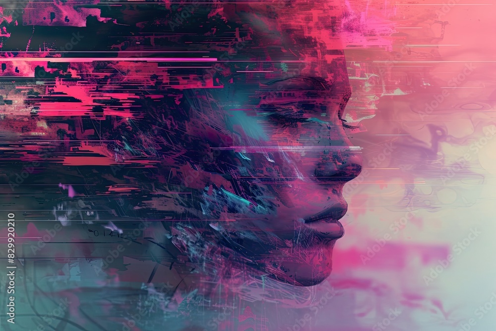 a woman with her eyes closed and her face partially obscured by a blurry image, A digital art representation with pixelated and glitched elements a woman with her eyes closed and her face partially obscured by a blurry image, A digital art representation with pixelated and glitched elements