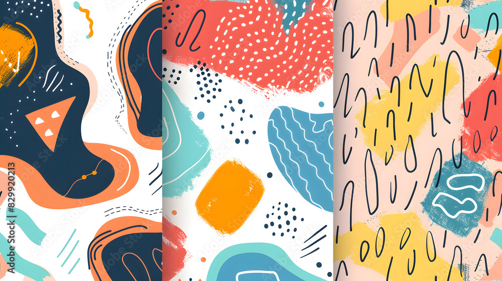 Colorful line doodle seamless pattern set. Creative minimalist style ...
