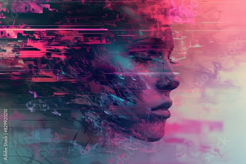 a woman with her eyes closed and her face partially obscured by a blurry image, A digital art representation with pixelated and glitched elements