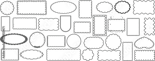 Scallop frame collection, diverse shapes, sizes, decorative borders, ideal for graphic design, invitations. Rectangle, oval, circle, cloud shaped, edge patterned frames